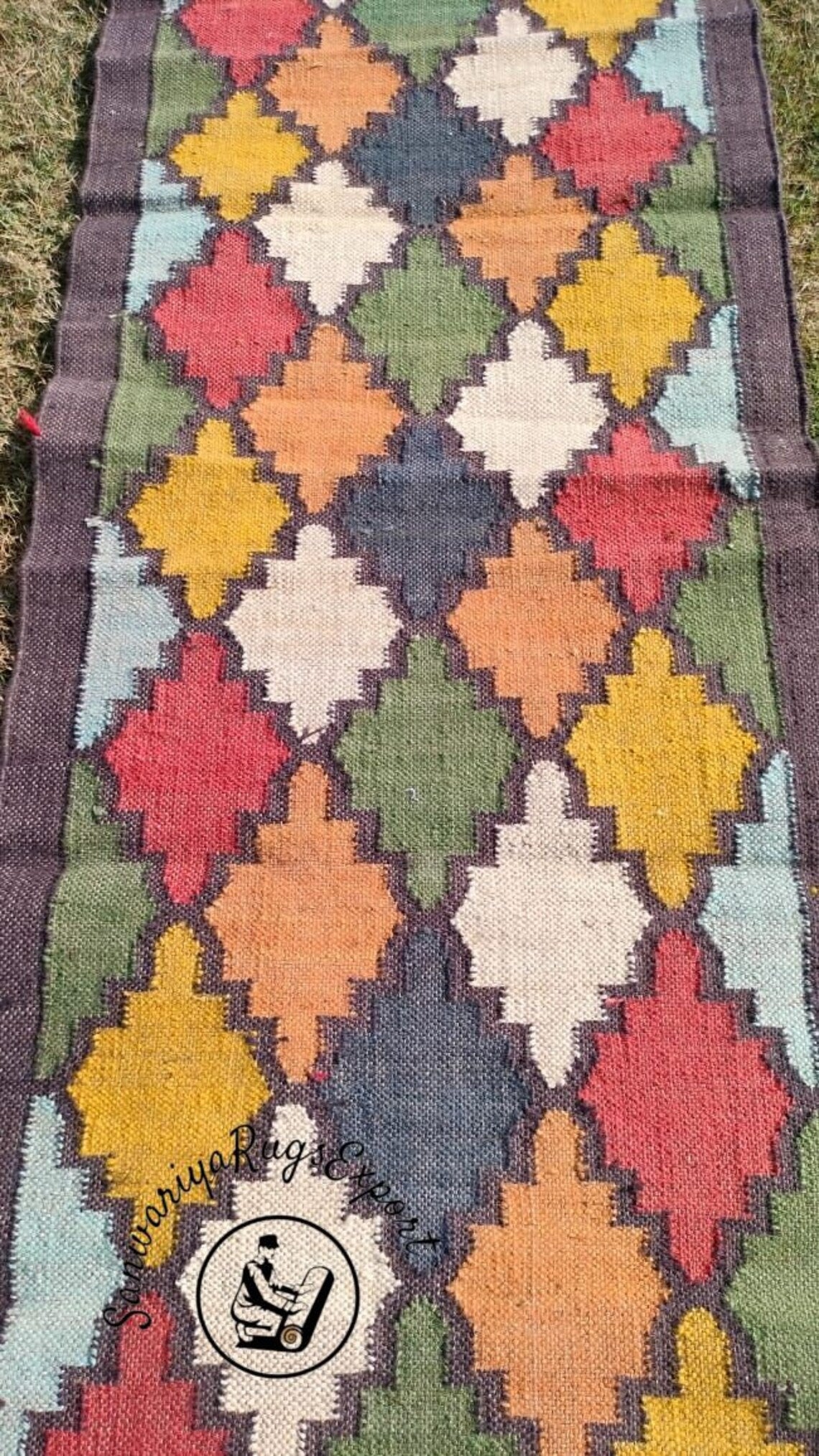 Handwoven Wool Jute Kilim Runner Rug Geometric Turkish Home decor