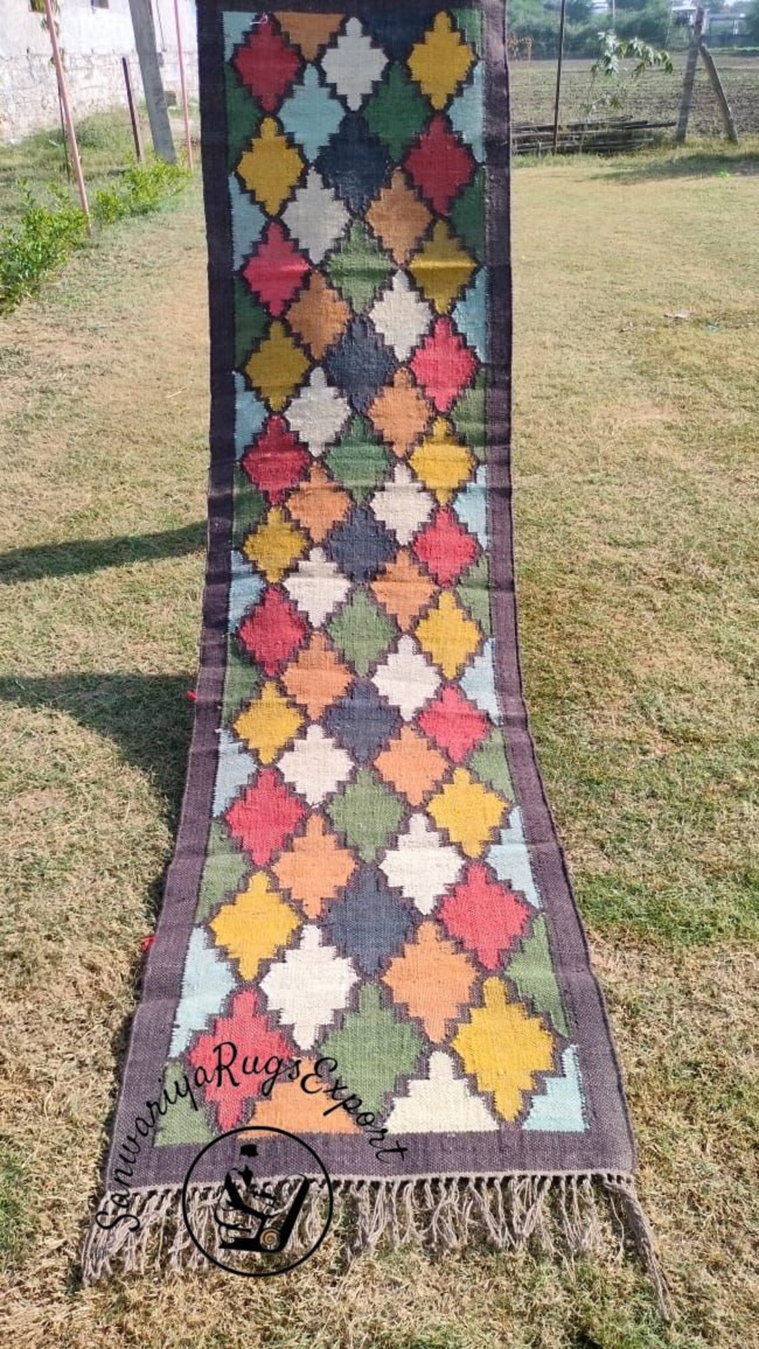 Handwoven Wool Jute Kilim Runner Rug Geometric Turkish Home decor