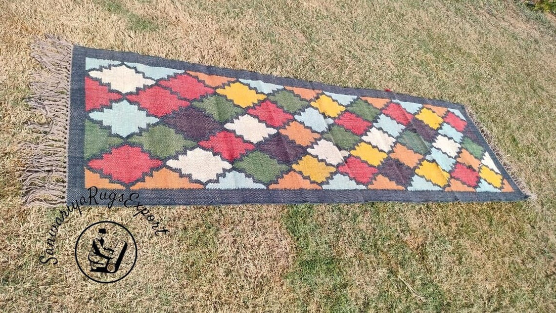Handwoven Wool Jute Kilim Runner Rug Geometric Turkish Home decor