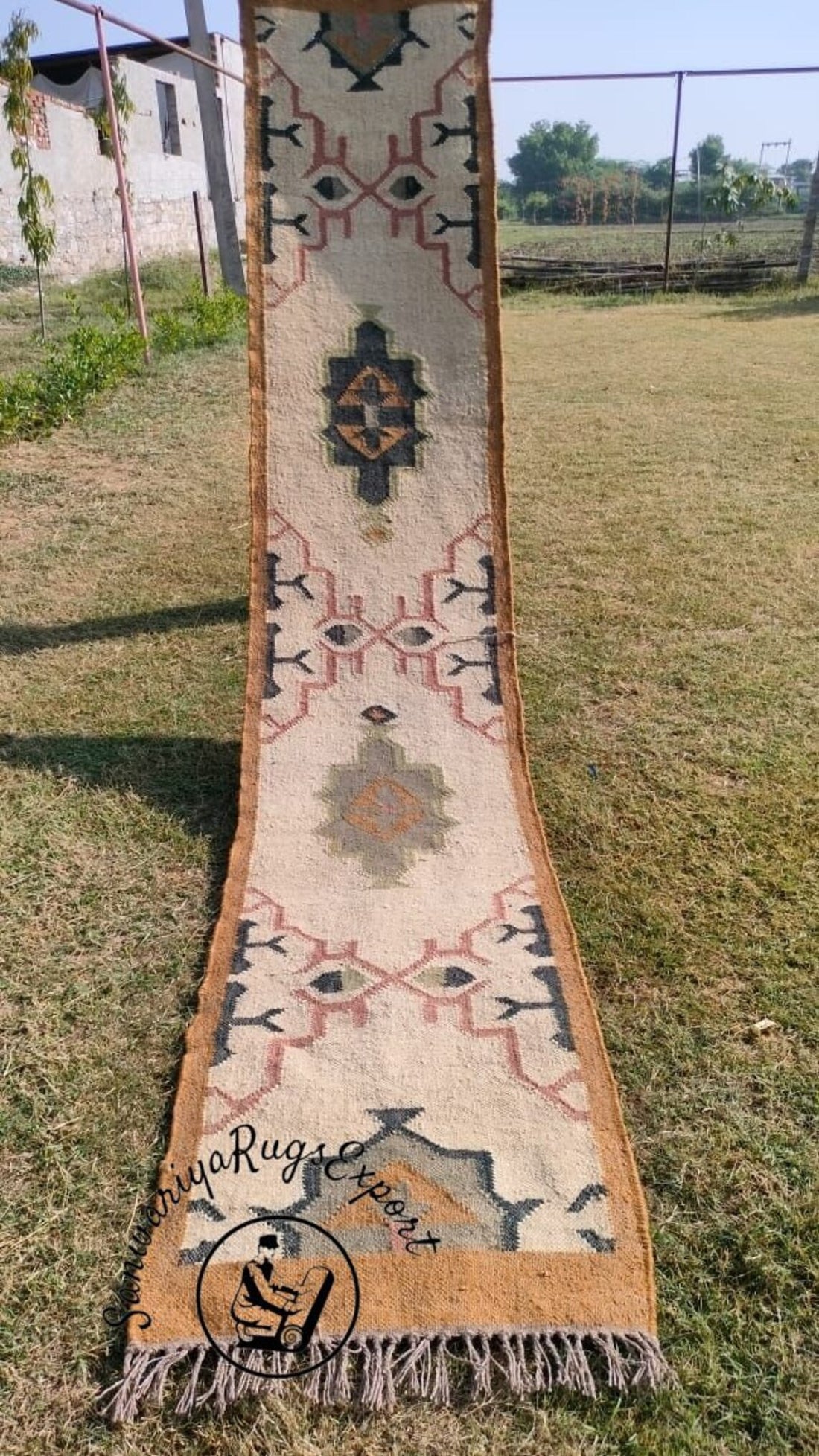 Handwoven Wool Jute Kilim Runner Oriental Geometric Rug