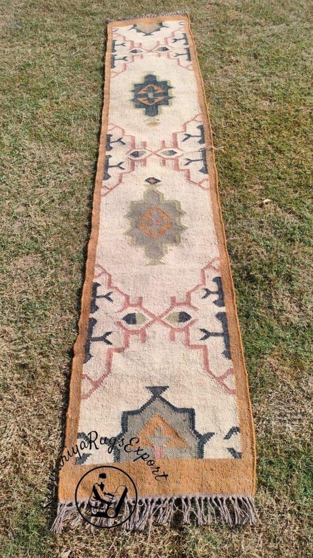 Handwoven Wool Jute Kilim Runner Oriental Geometric Rug