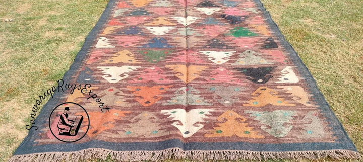 Handwoven Wool Jute Kilim Rug with Traditional Patterns