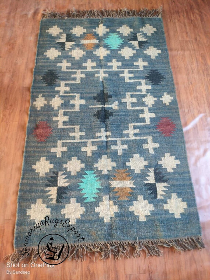 Large Wool Jute Kilim Rug