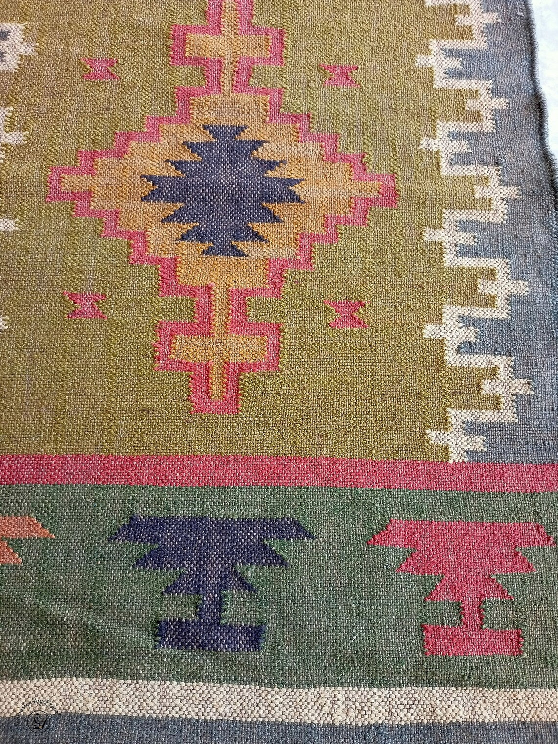 Handwoven Wool Jute Rug Handmade Kilim Dhurrie Rug, Motifs Oriental
