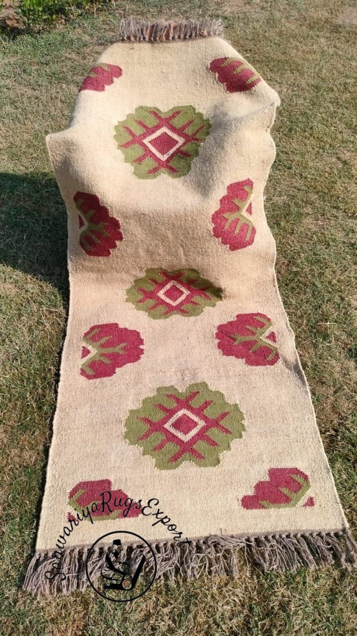 Handwoven Kilim Wool Jute Runner Rug with Traditional Geometric Pattern Weave