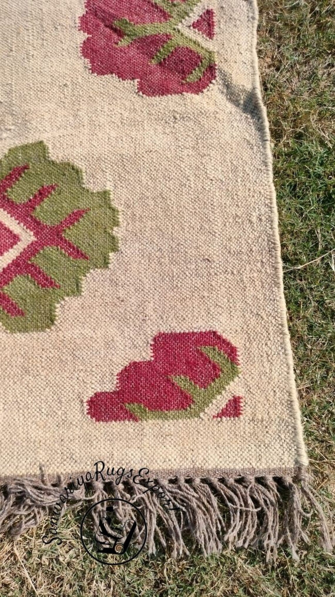 Handwoven Kilim Wool Jute Runner Rug with Traditional Geometric Pattern Weave