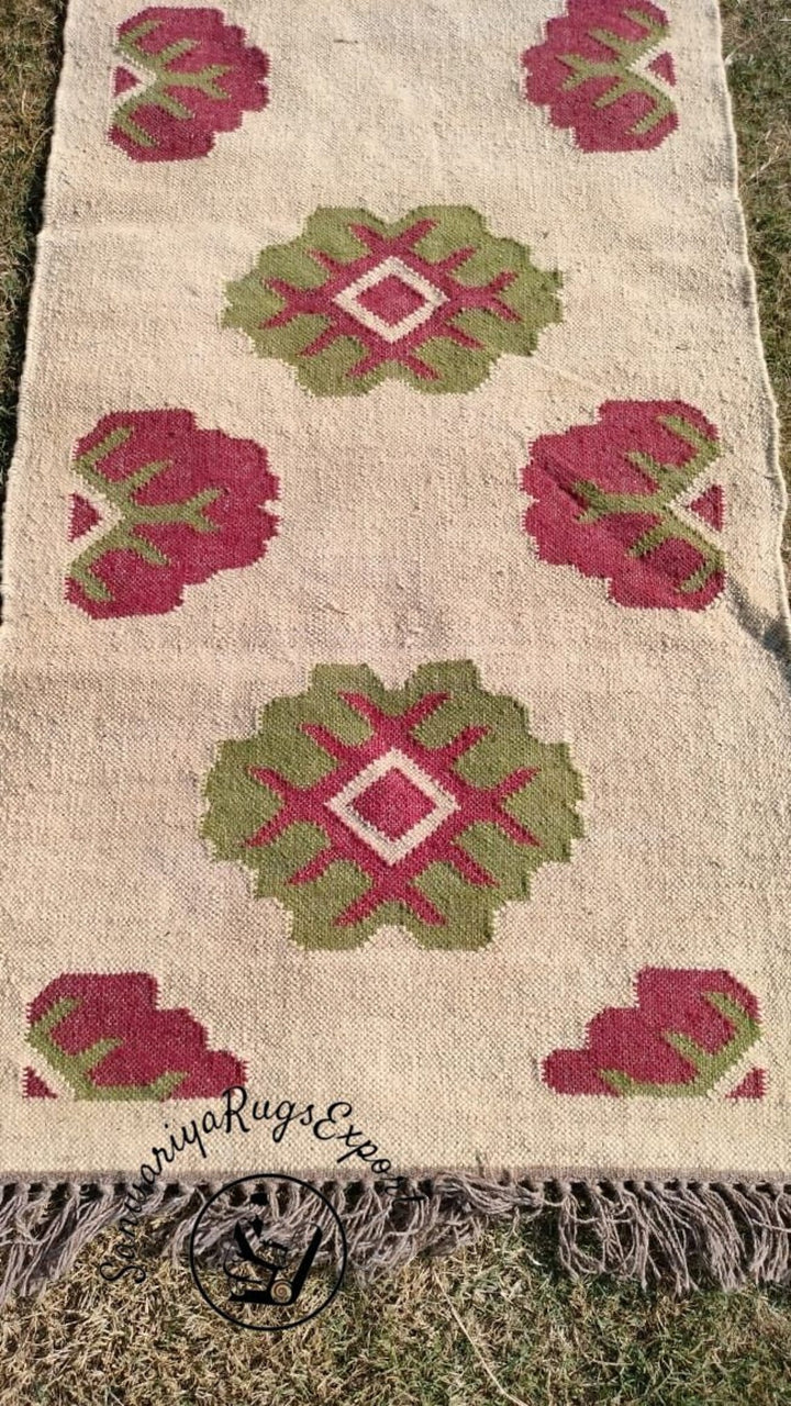 Handwoven Kilim Wool Jute Runner Rug with Traditional Geometric Pattern Weave