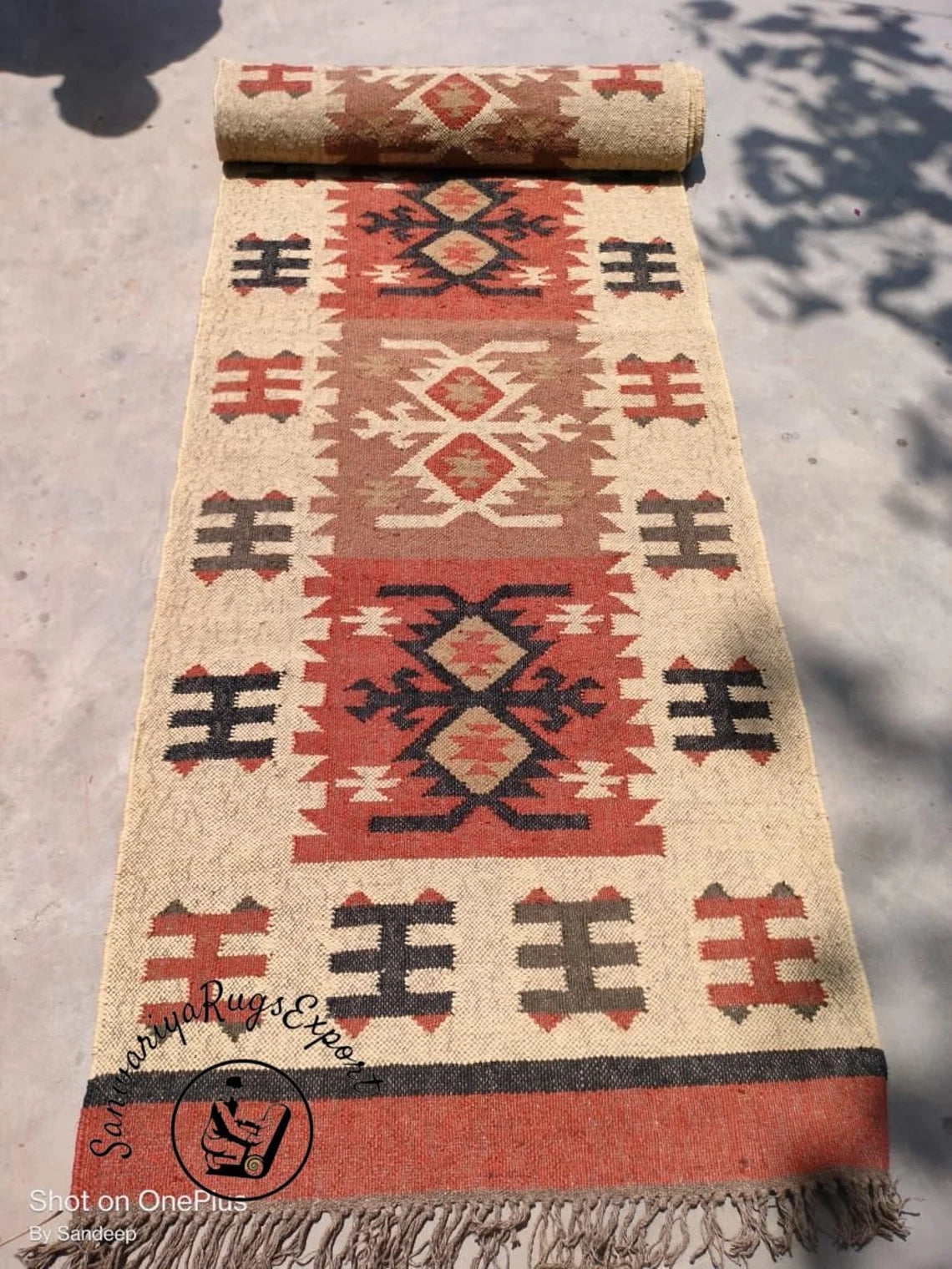 Handwoven Wool Jute Rug Handmade Kilim Dhurrie Rug, Motifs Oriental