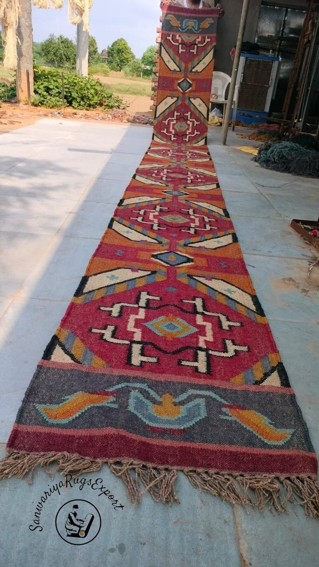 Handwoven Wool Jute Kilim Runner Oriental Geometric Rug