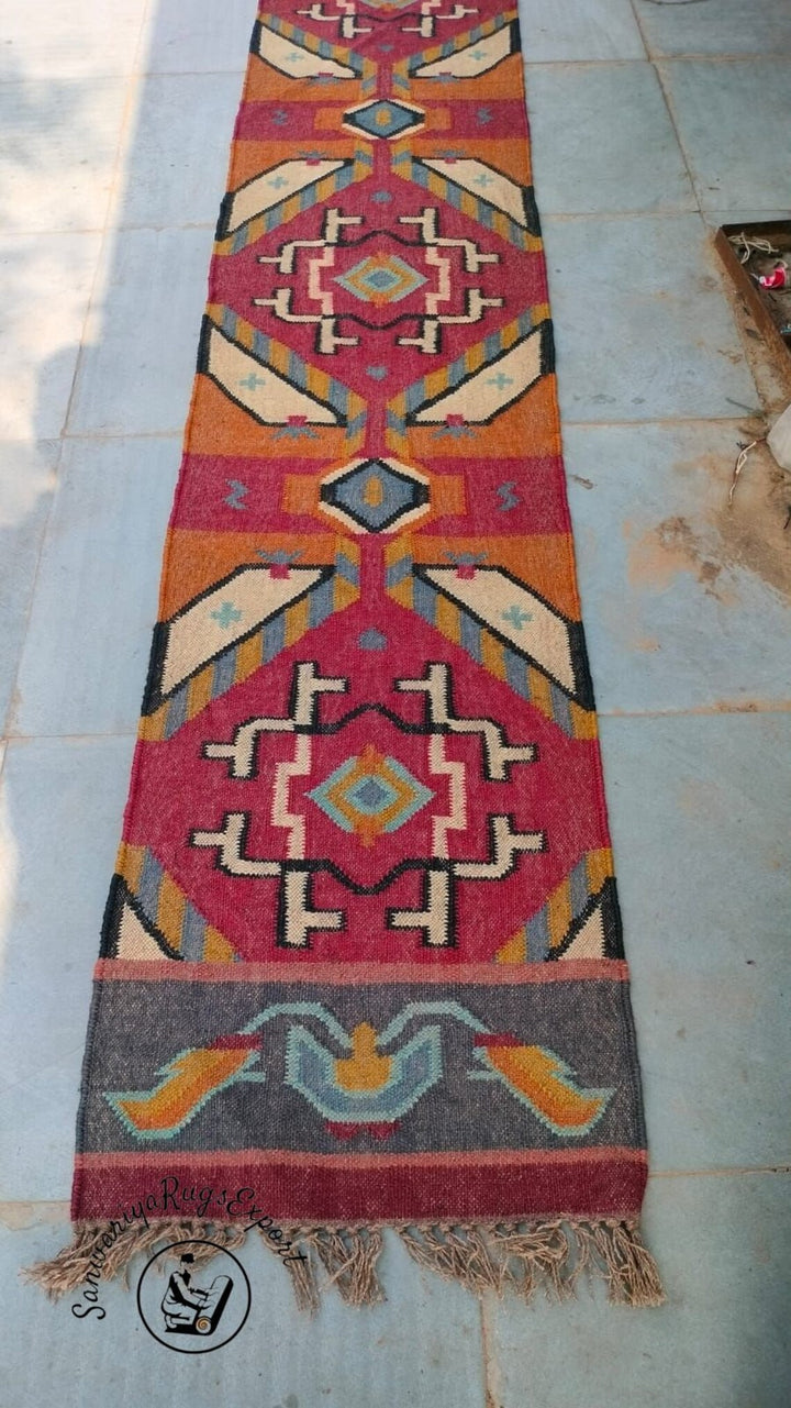 Handwoven Wool Jute Kilim Runner Oriental Geometric Rug