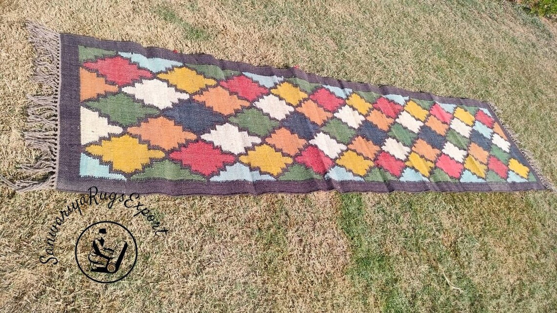 Handwoven Wool Jute Kilim Runner Rug Geometric Turkish Home decor