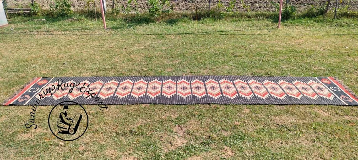 Handwoven Wool Jute Kilim Runner Rug Traditional Indian Geometric Turkish Home decor