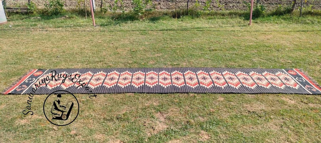 Handwoven Wool Jute Kilim Runner Rug Traditional Indian Geometric Turkish Home decor
