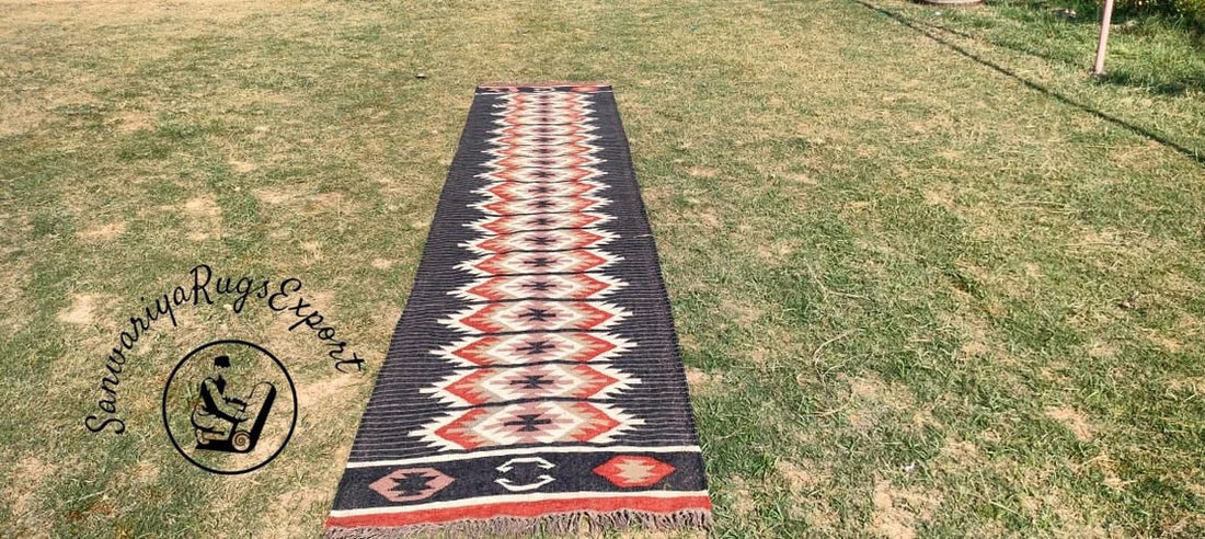 Handwoven Wool Jute Kilim Runner Rug Traditional Indian Geometric Turkish Home decor