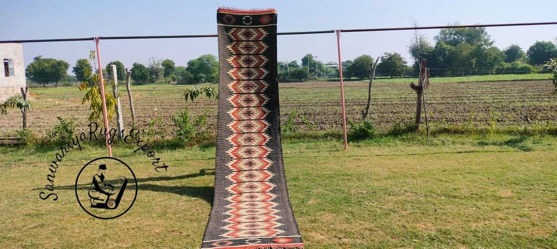 Handwoven Wool Jute Kilim Runner Rug Traditional Indian Geometric Turkish Home decor