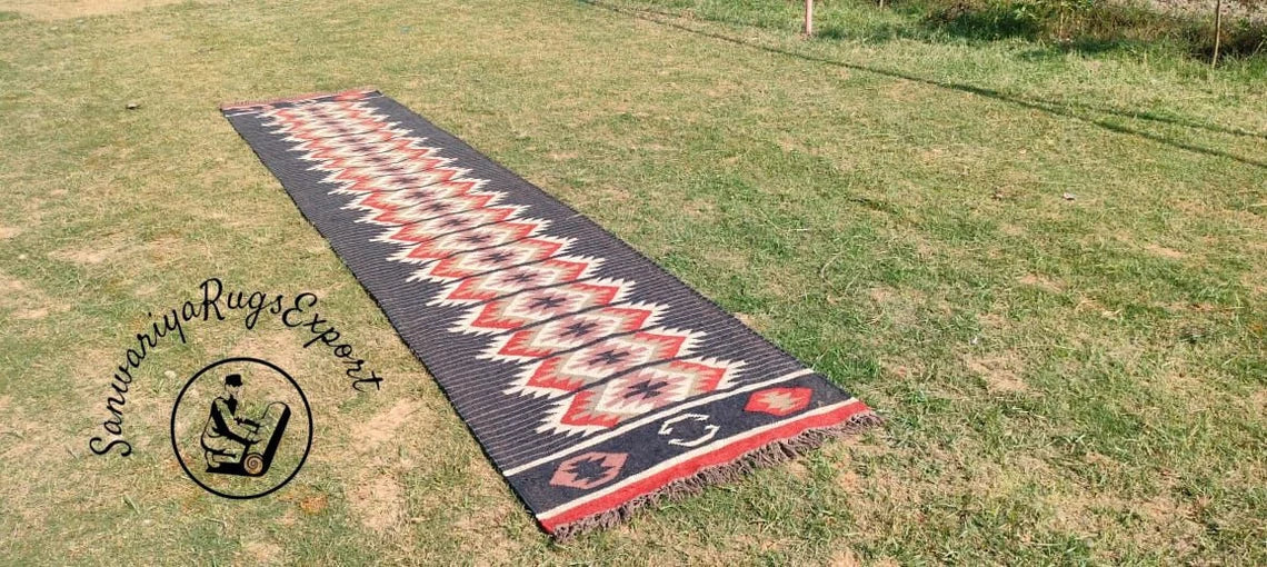 Handwoven Wool Jute Kilim Runner Rug Traditional Indian Geometric Turkish Home decor