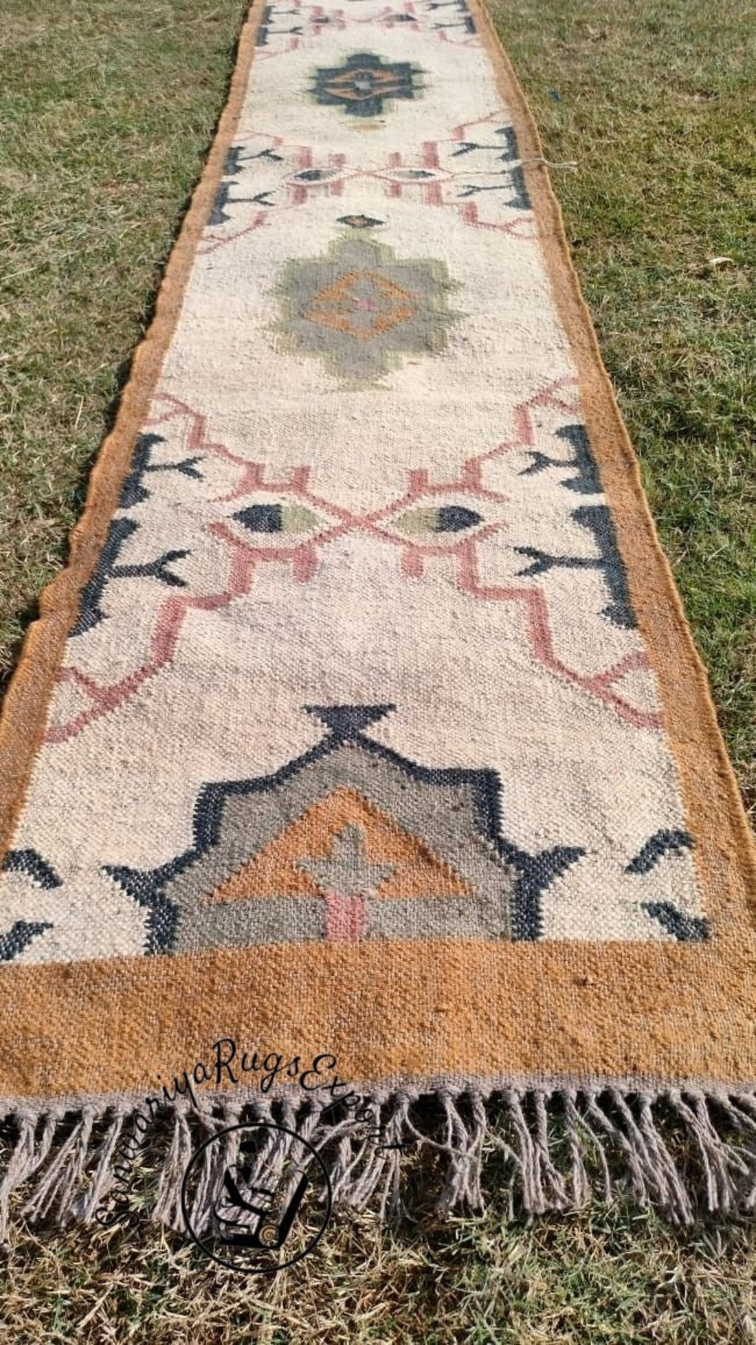 Handwoven Wool Jute Kilim Runner Oriental Geometric Rug