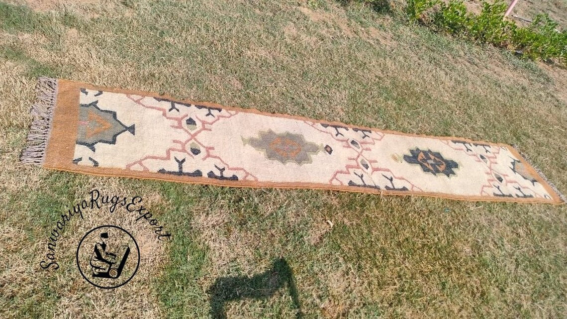 Handwoven Wool Jute Kilim Runner Oriental Geometric Rug