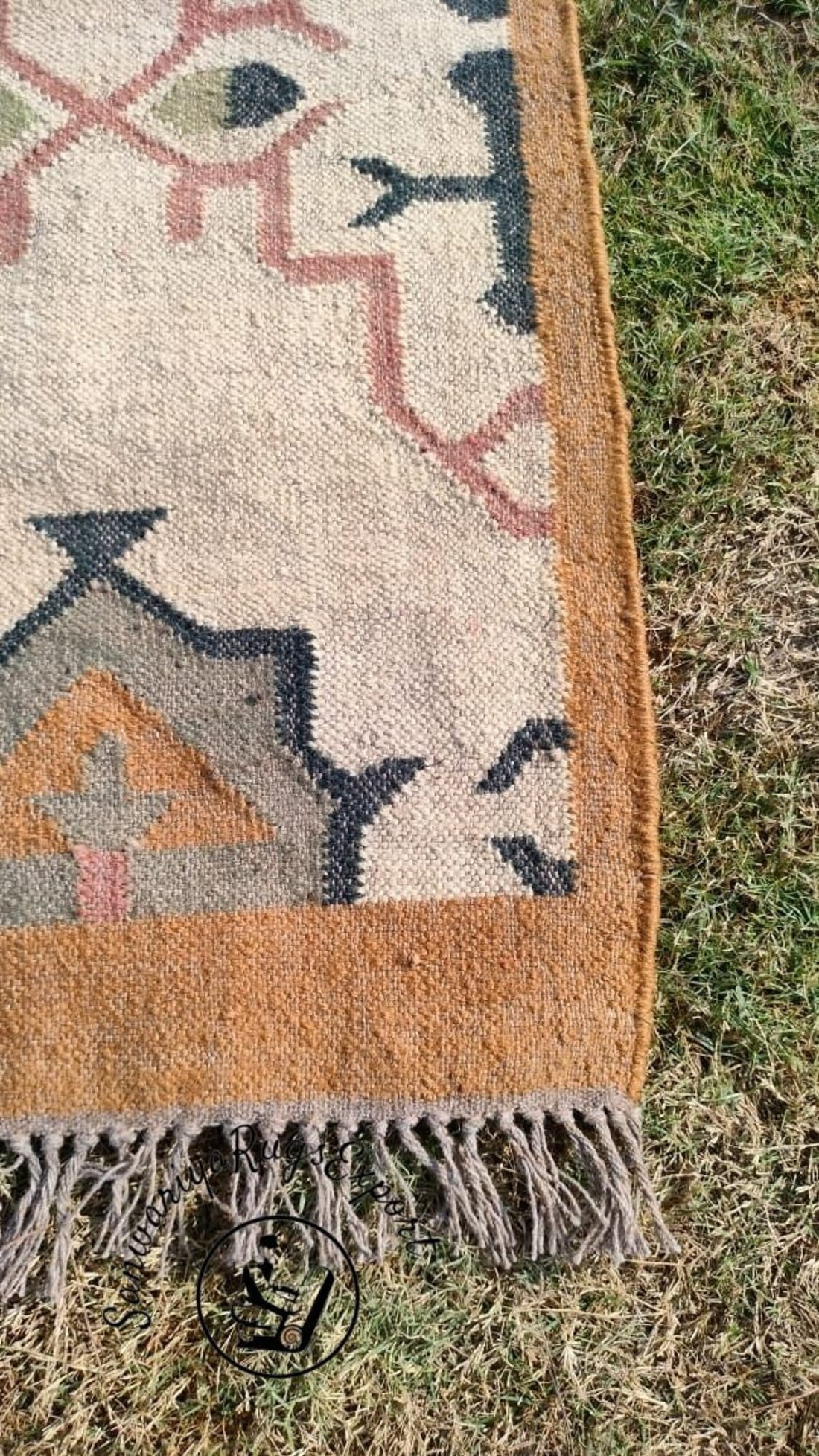 Handwoven Wool Jute Kilim Runner Oriental Geometric Rug
