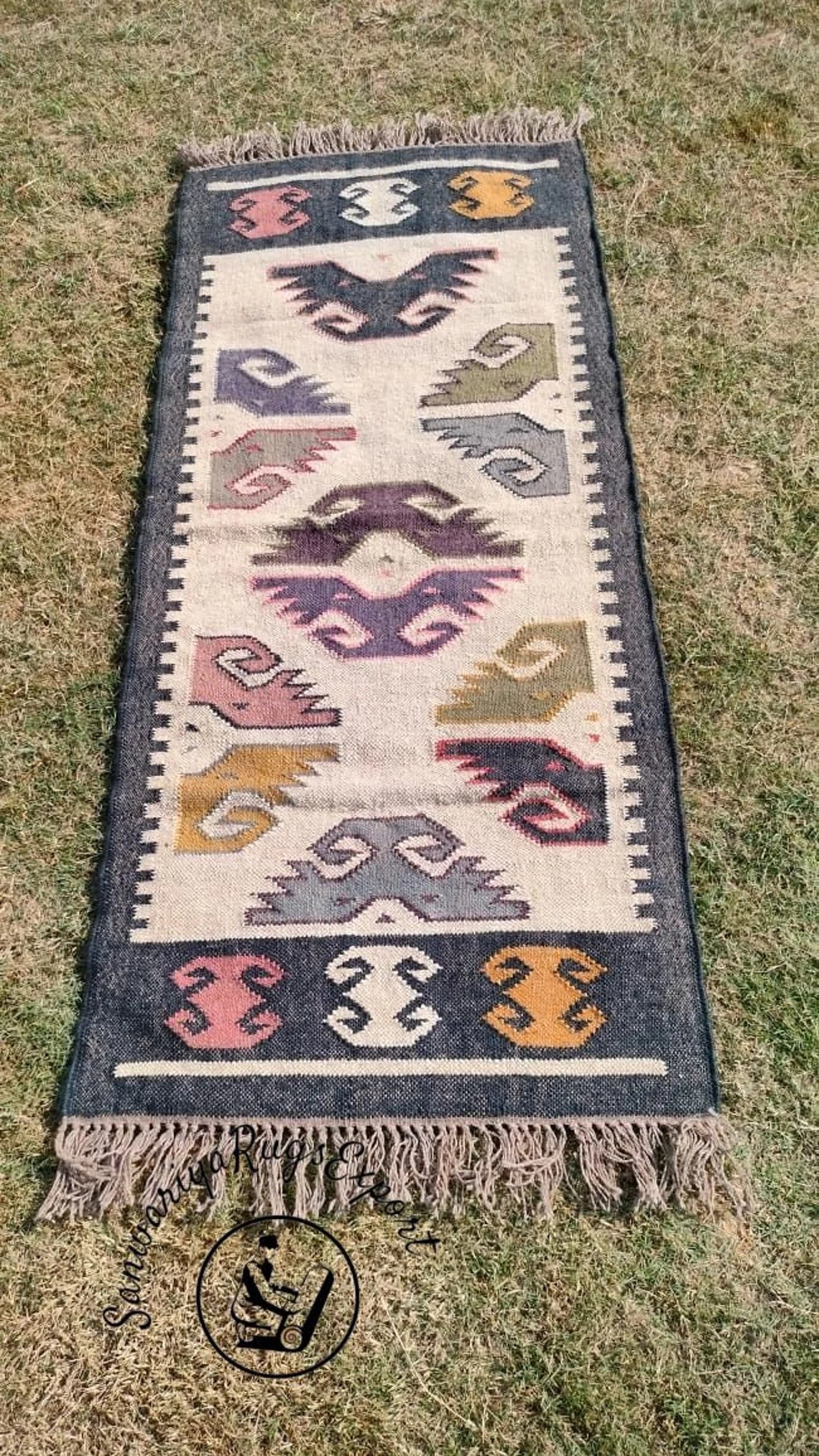 Handwoven Wool Jute Kilim Runner with Oriental Motif Patterns