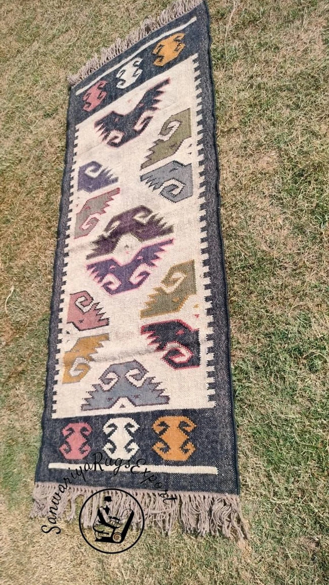 Handwoven Wool Jute Kilim Runner with Oriental Motif Patterns
