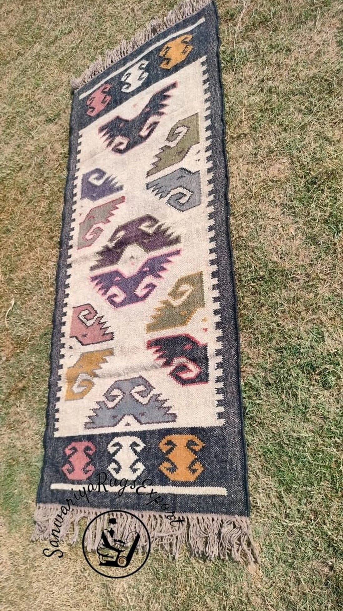 Handwoven Wool Jute Kilim Runner with Oriental Motif Patterns