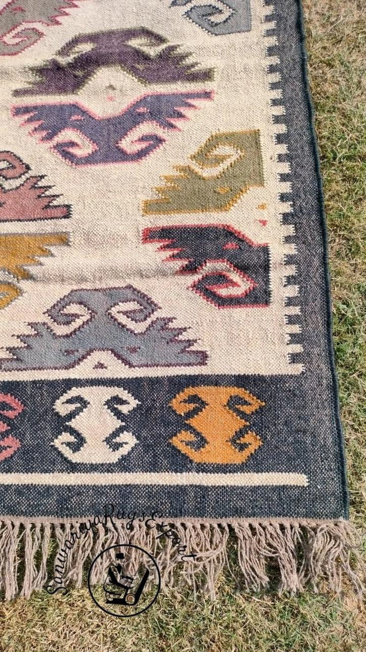 Handwoven Wool Jute Kilim Runner with Oriental Motif Patterns