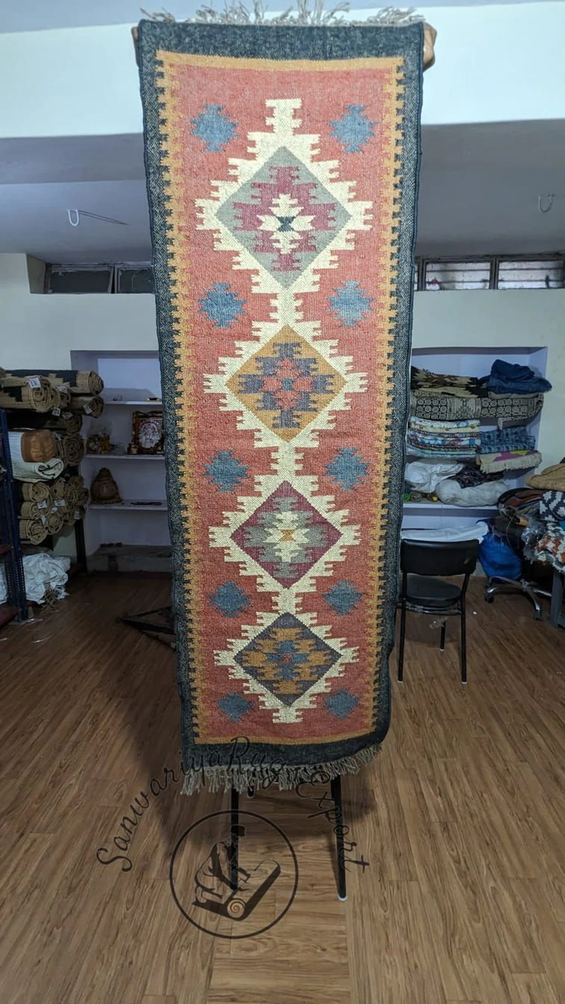 Handwoven Wool–Jute Long Kilim Runner with Traditional Geometric Weave