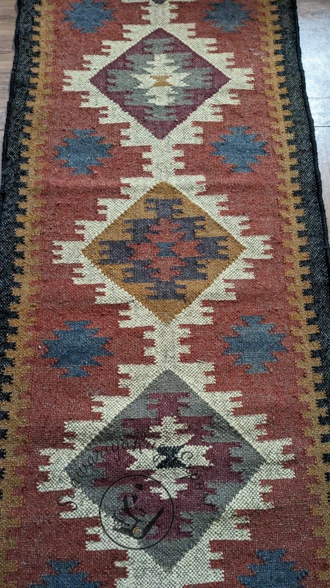 Handwoven Wool–Jute Long Kilim Runner with Traditional Geometric Weave