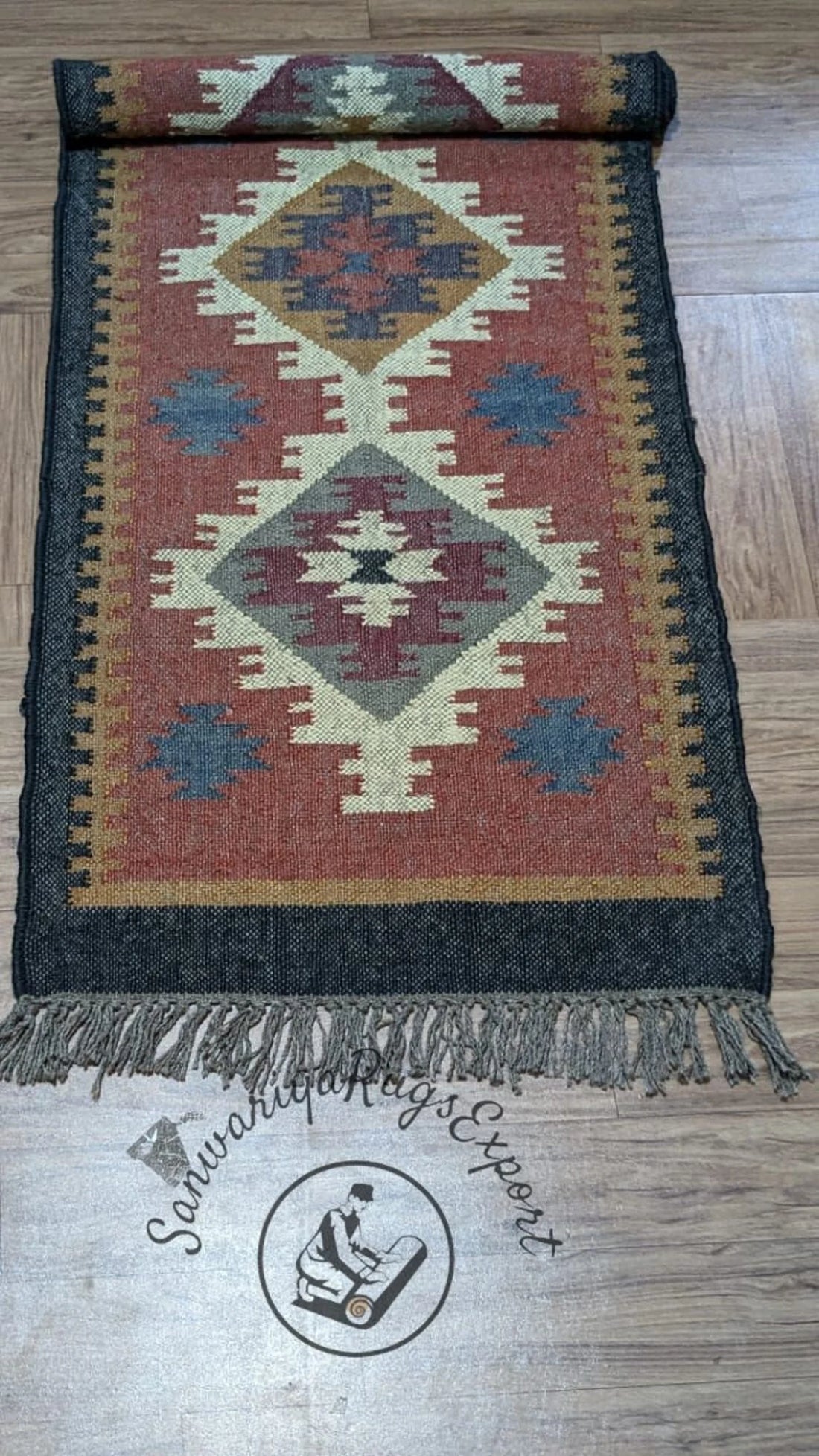 Handwoven Wool–Jute Long Kilim Runner with Traditional Geometric Weave