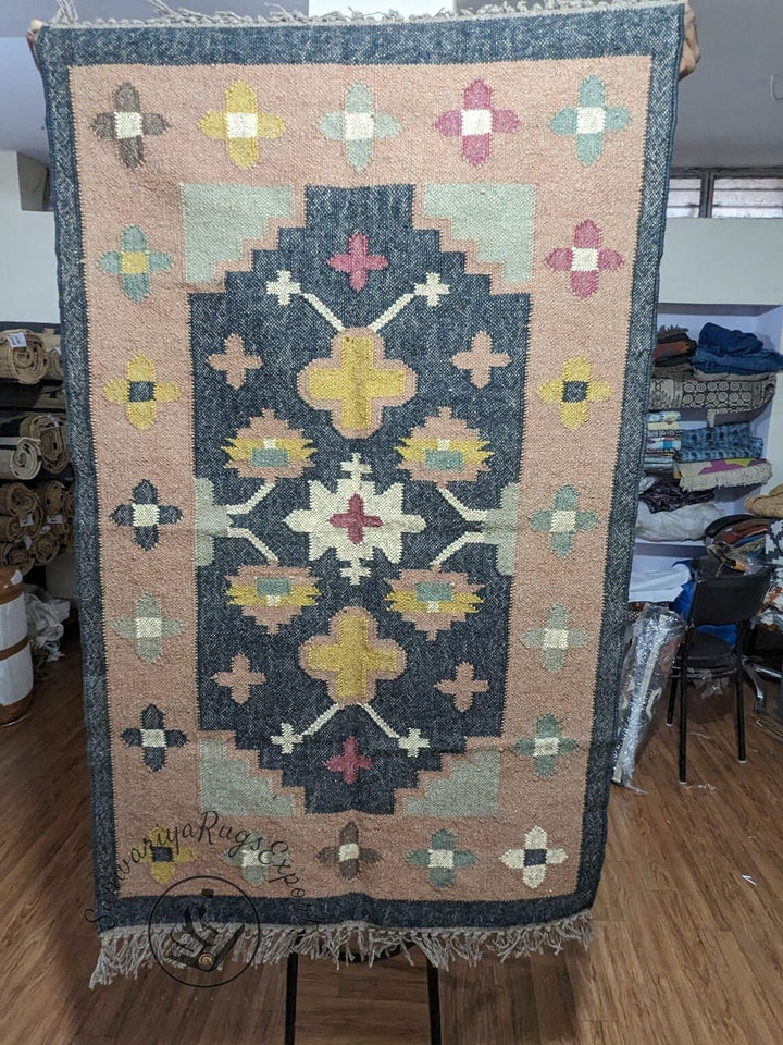 Handwoven Wool Jute Kilim Rug – Bohemian Indian Flatweave