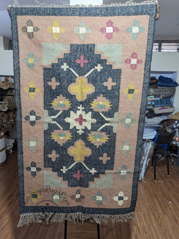 Handwoven Wool Jute Kilim Rug – Bohemian Indian Flatweave