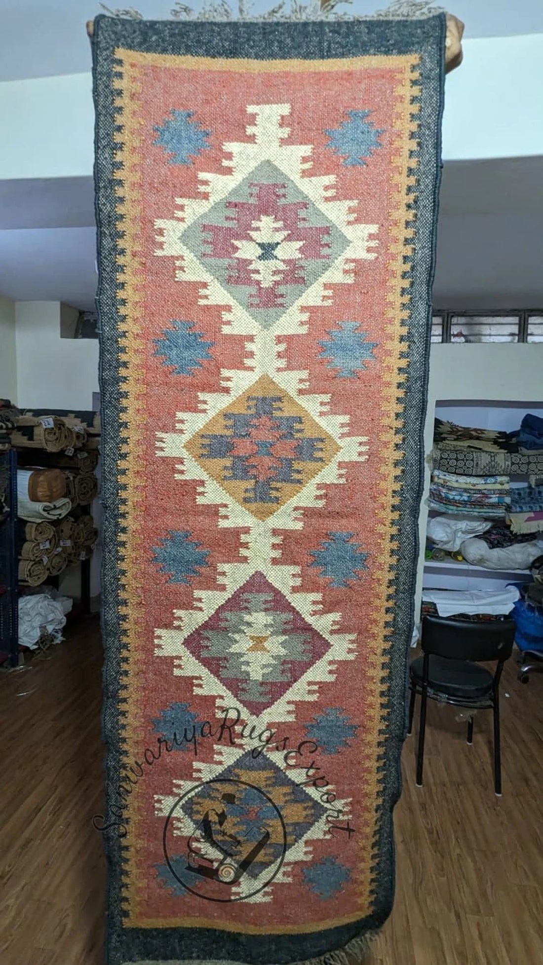 Handwoven Wool–Jute Long Kilim Runner with Traditional Geometric Weave