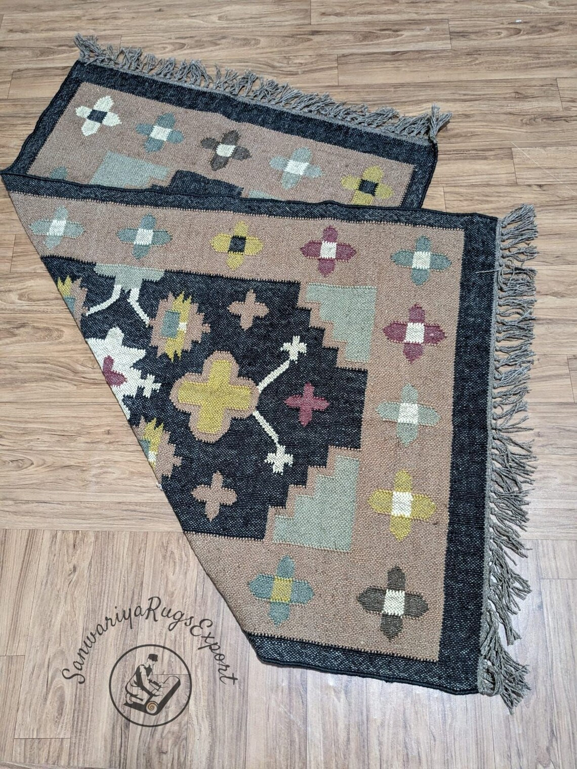 Handwoven Wool Jute Kilim Rug – Bohemian Indian Flatweave