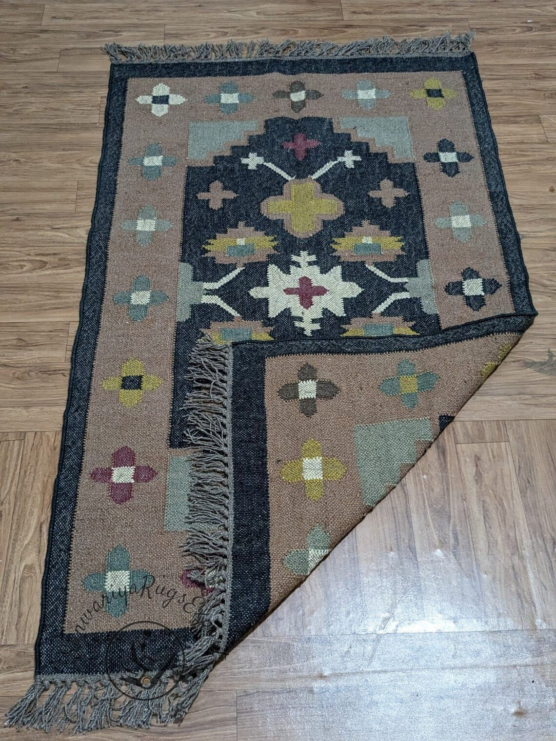 Handwoven Wool Jute Kilim Rug – Bohemian Indian Flatweave