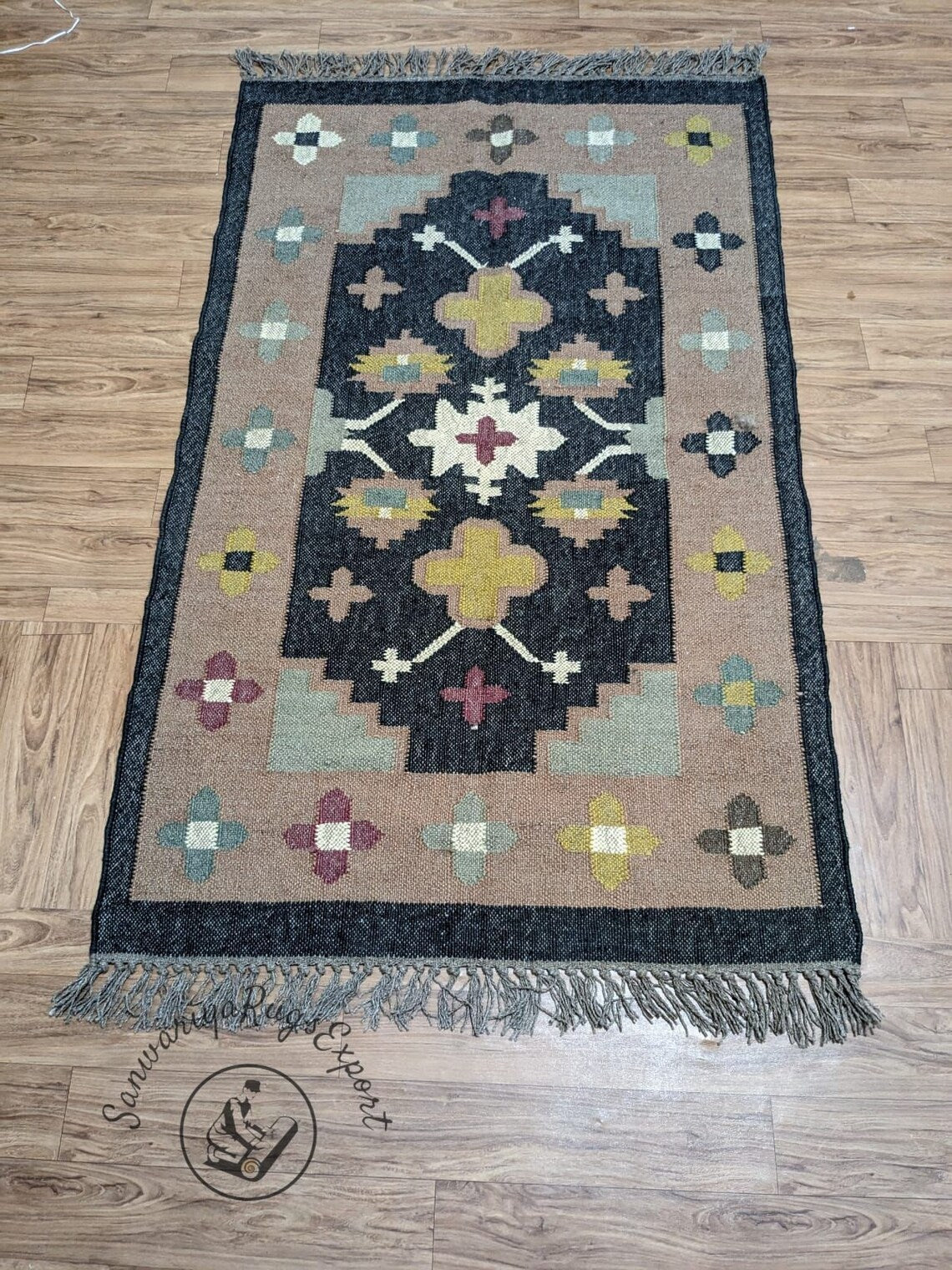 Handwoven Wool Jute Kilim Rug – Bohemian Indian Flatweave