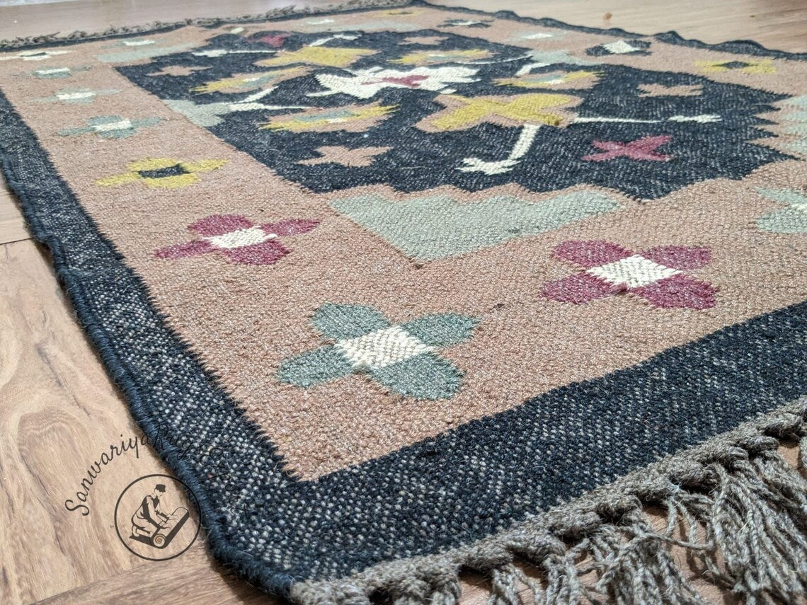 Handwoven Wool Jute Kilim Rug – Bohemian Indian Flatweave