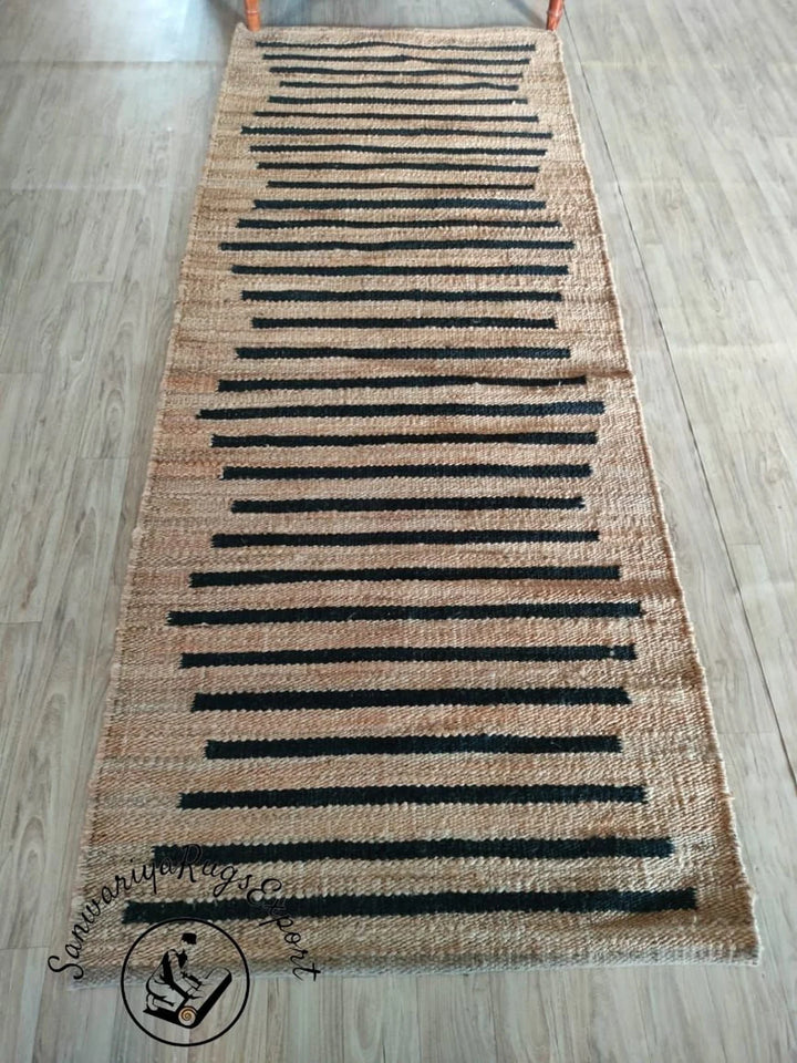 Natural & Black Stripe Hemp Jute Runner – Handmade Stair & Hall Rug