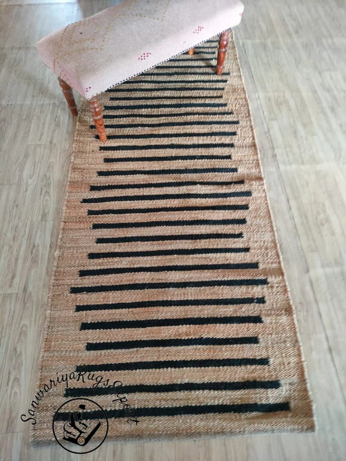 Natural & Black Stripe Hemp Jute Runner – Handmade Stair & Hall Rug