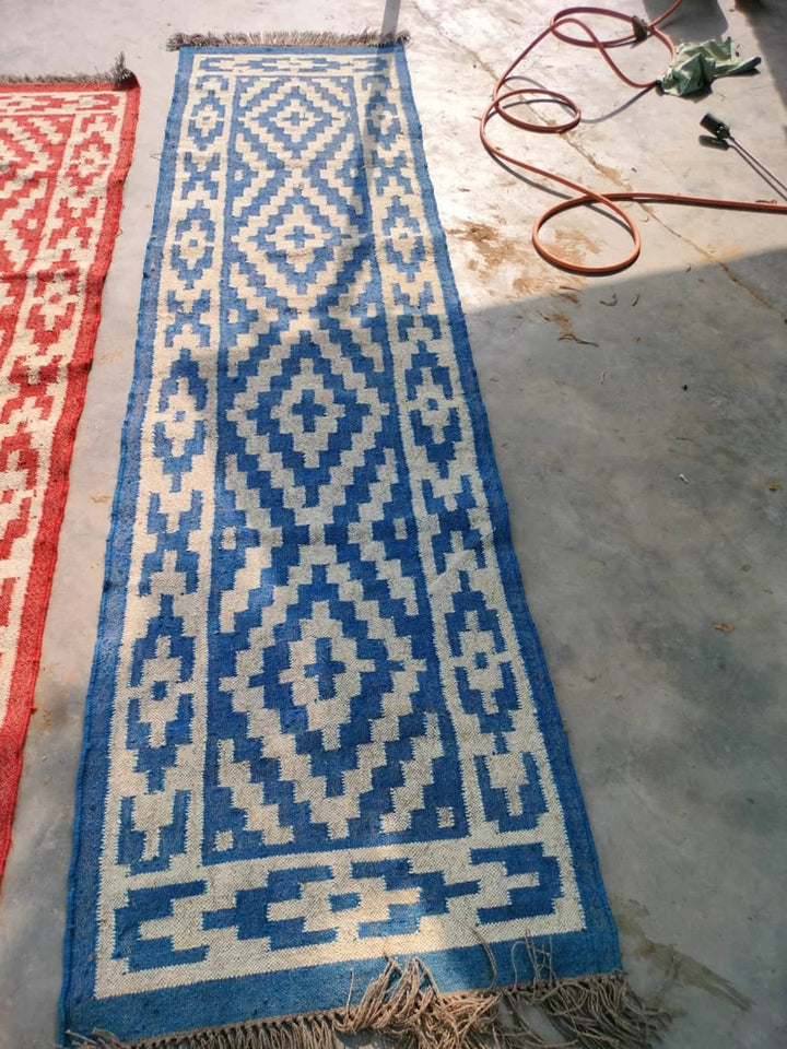 Blue Red Off-White Wool Jute Kilim Runner – Handmade Oriental Dhurrie