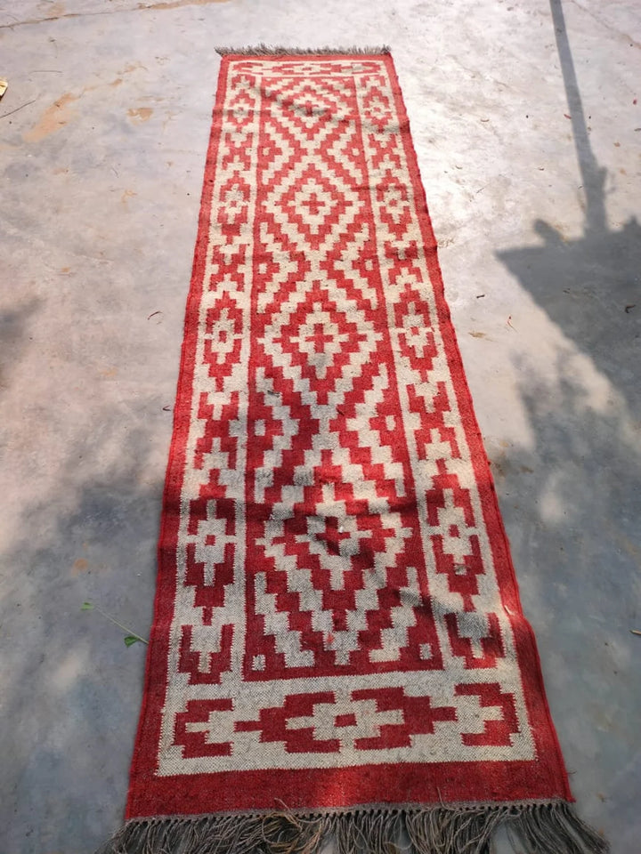 Blue Red Off-White Wool Jute Kilim Runner – Handmade Oriental Dhurrie
