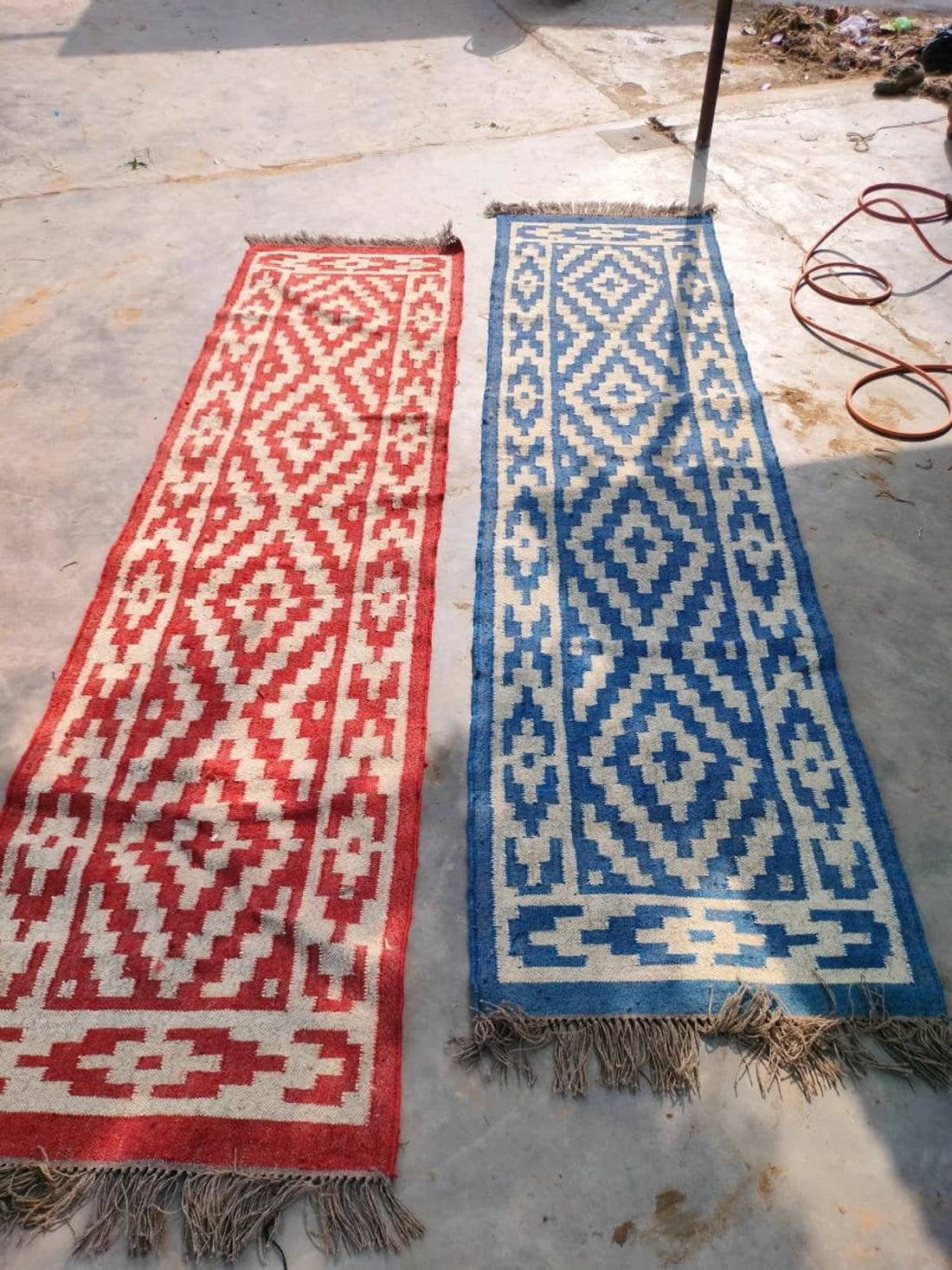 Blue Red Off-White Wool Jute Kilim Runner – Handmade Oriental Dhurrie