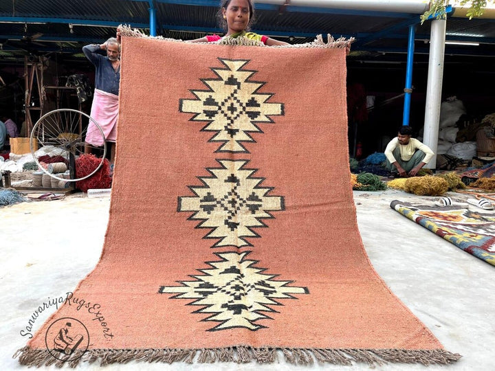 Handwoven Wool Jute Kilim Rug for Living Room | Bohemian Flatweave Carpet | Natural Wool Area Rug