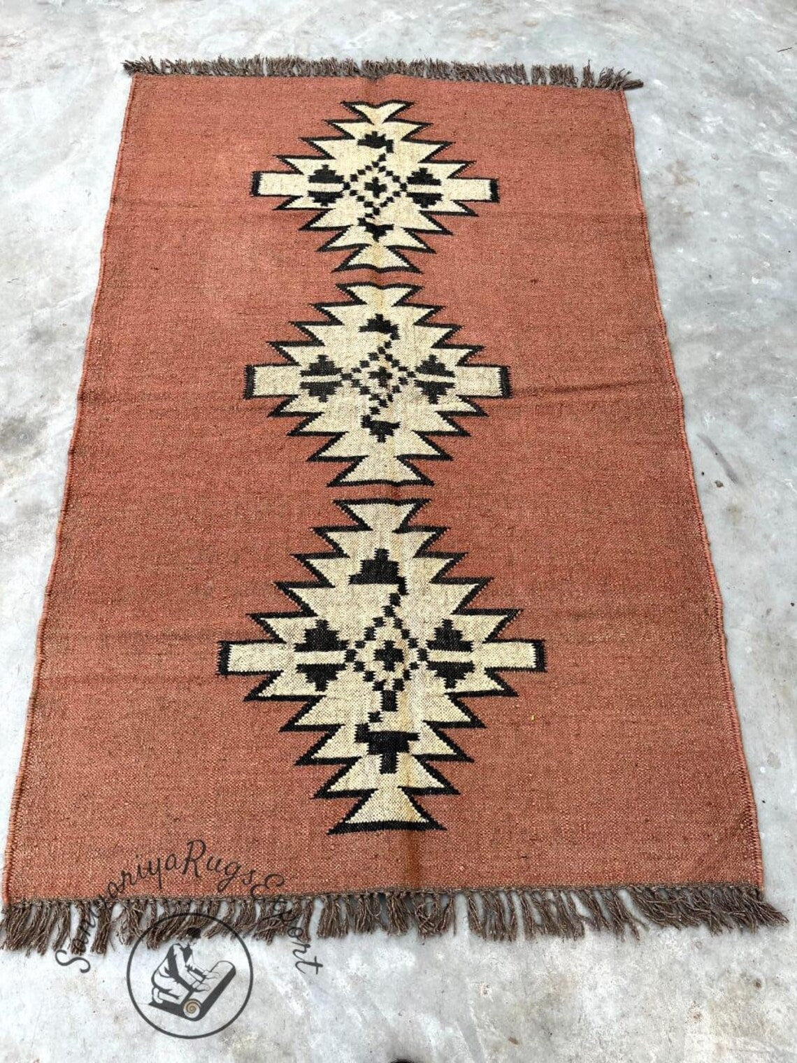 Handwoven Wool Jute Kilim Rug for Living Room | Bohemian Flatweave Carpet | Natural Wool Area Rug