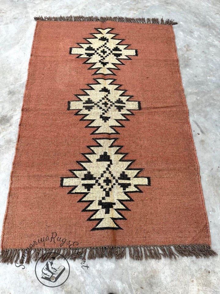 Handwoven Wool Jute Kilim Rug for Living Room | Bohemian Flatweave Carpet | Natural Wool Area Rug