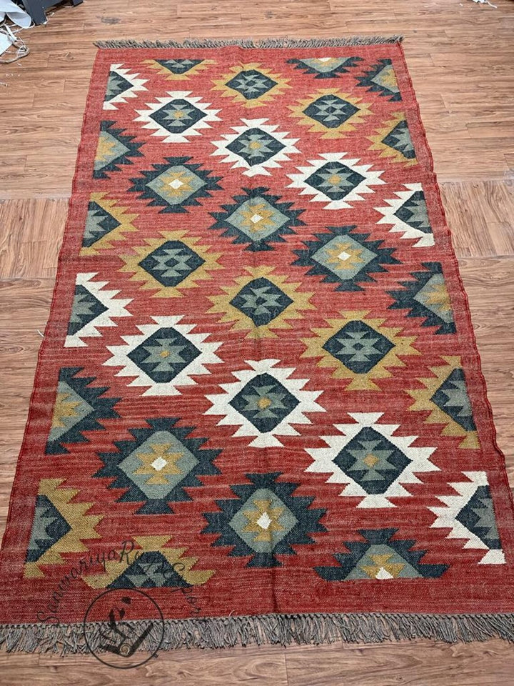 Multicolor Wool Jute Kilim Rug Flatweave Rug, Bohemian Rug Navajo Kilim Rug
