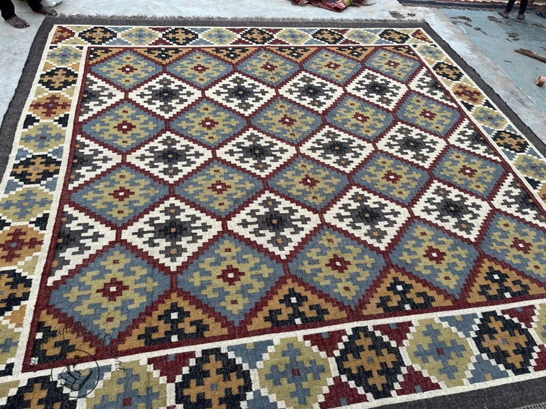 Handwoven Wool Jute Kilim Rug | Indian Flatweave Dhurrie