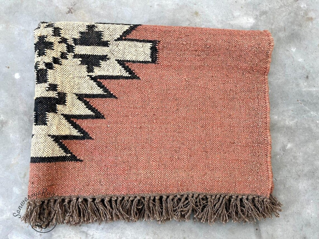 Handwoven Wool Jute Kilim Rug for Living Room | Bohemian Flatweave Carpet | Natural Wool Area Rug