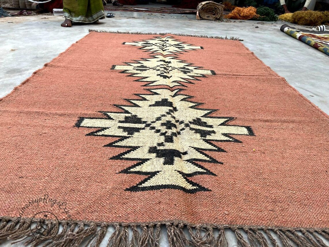 Handwoven Wool Jute Kilim Rug for Living Room | Bohemian Flatweave Carpet | Natural Wool Area Rug