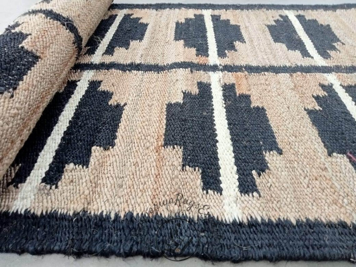 Natural & Black Handwoven Jute Stair Runner – Eco-Friendly Hemp Hallway Rug